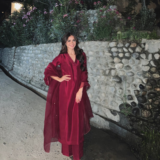 Aena Khan in raw silk magenta deliberate yet complete