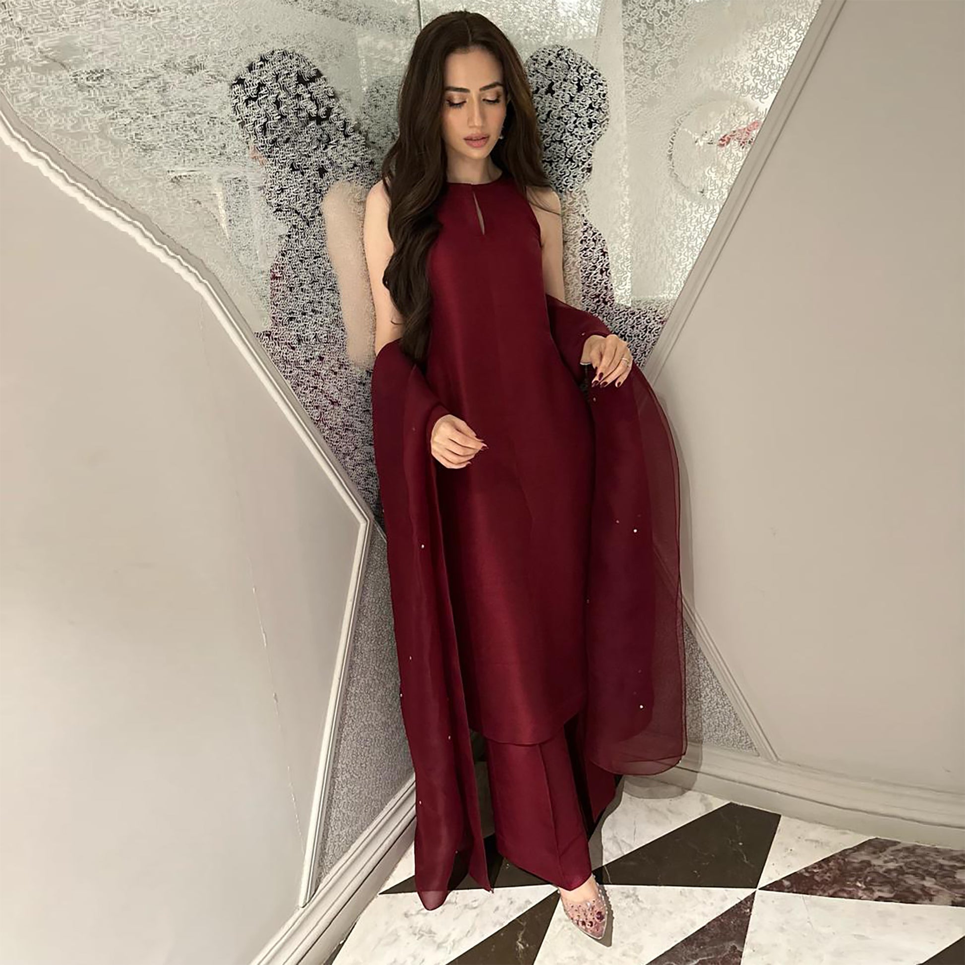 Sana Javed in Deep Maroon Simply XS With Sleeves