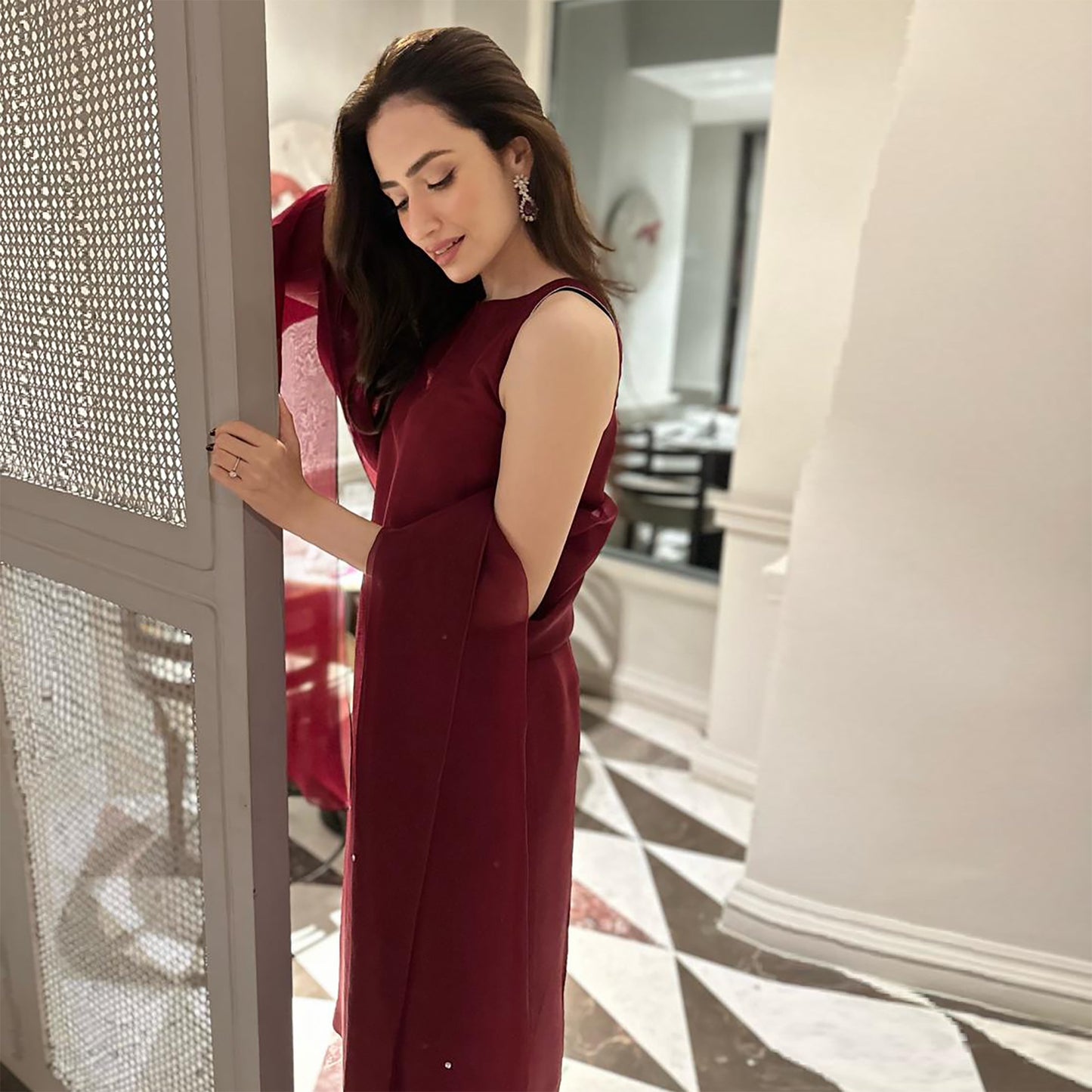 Sana Javed in Deep Maroon Simply Iconic.