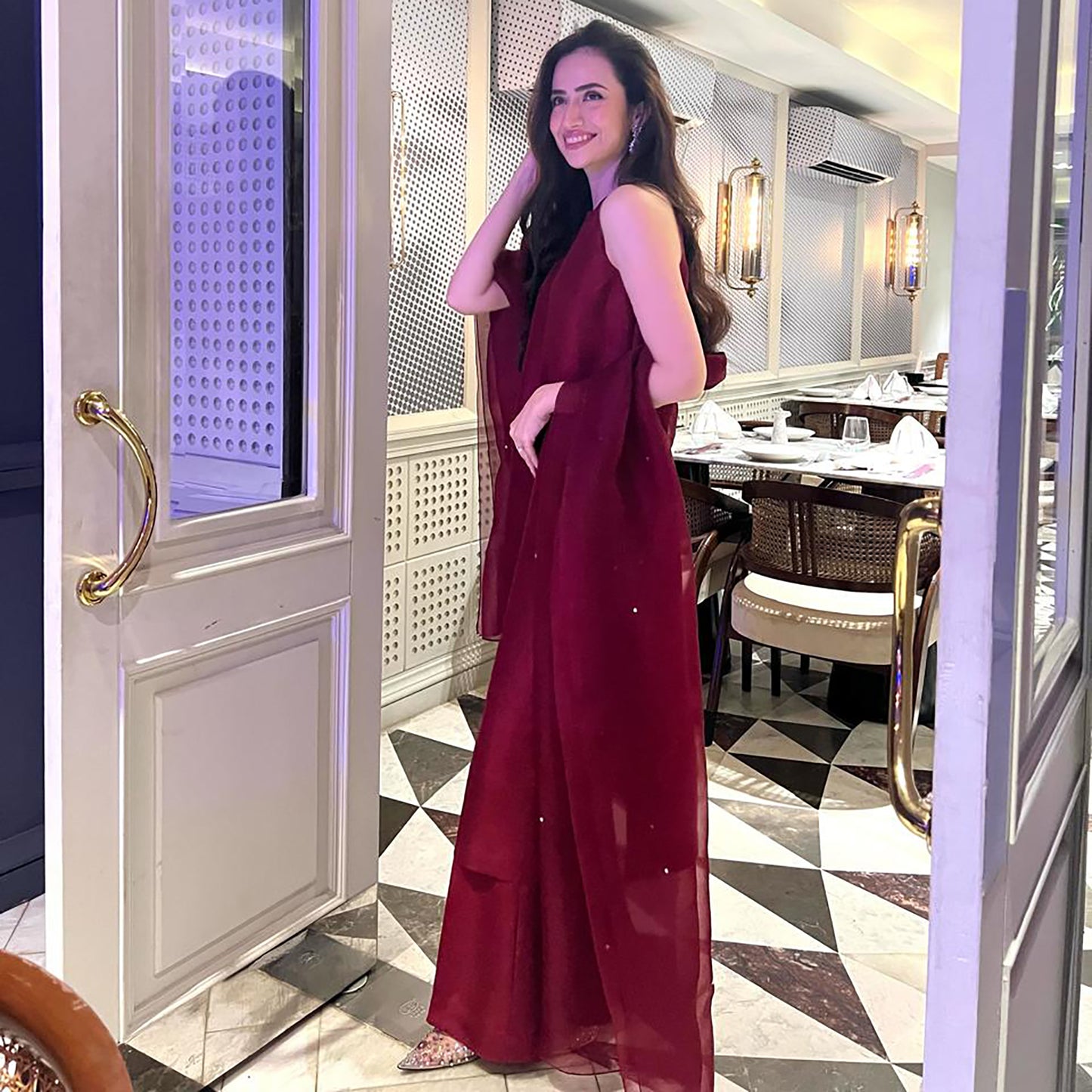 Sana Javed in Deep Maroon Simply Iconic.