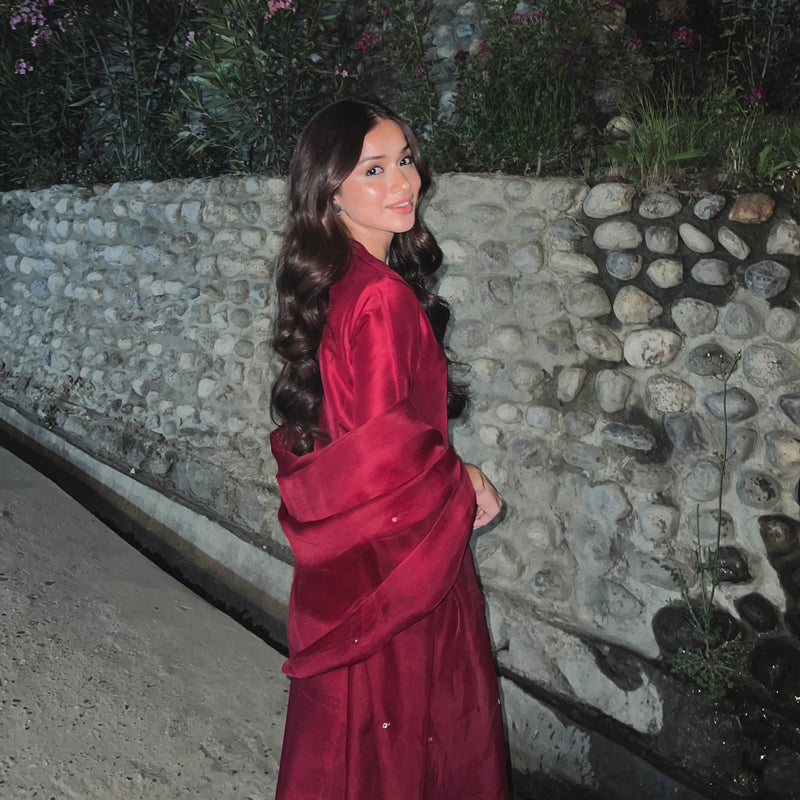 Aena Khan in raw silk magenta deliberate yet complete