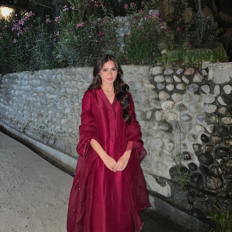 Aena Khan in raw silk magenta deliberate yet complete